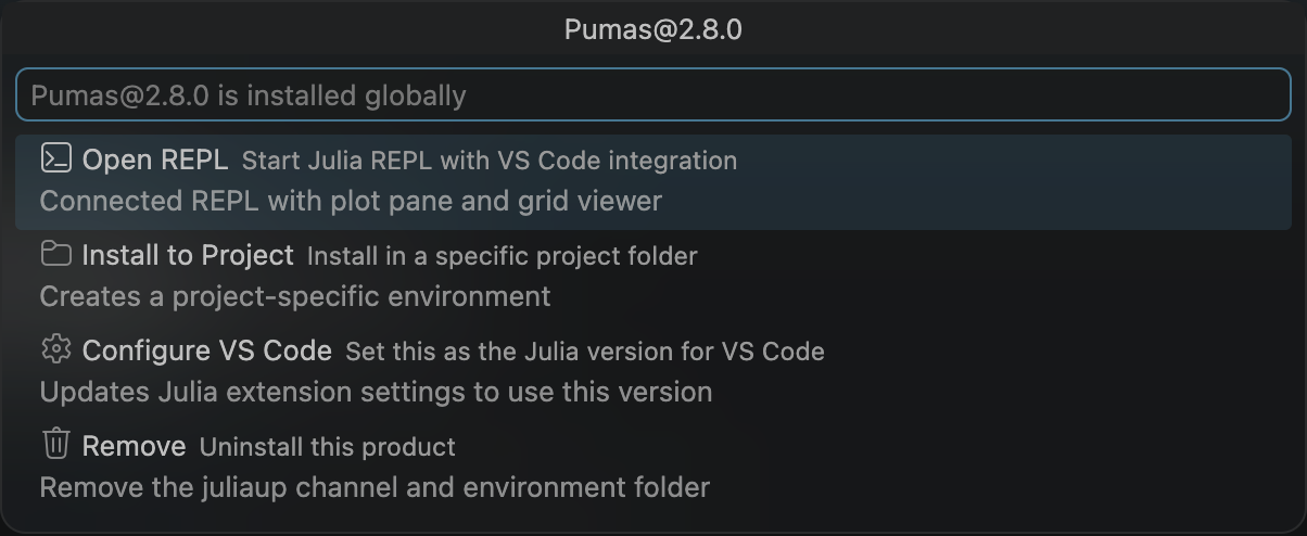 Actions available for an installed version