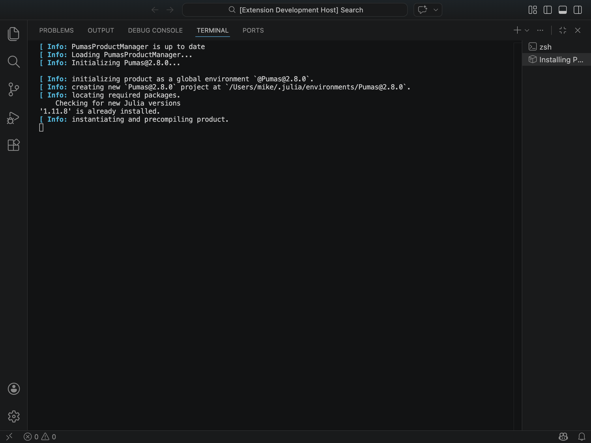 Terminal showing Pumas installation progress